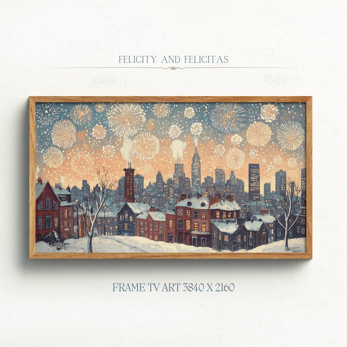 Snowy City Skyline Fireworks New Years Celebration Frame TV Poster