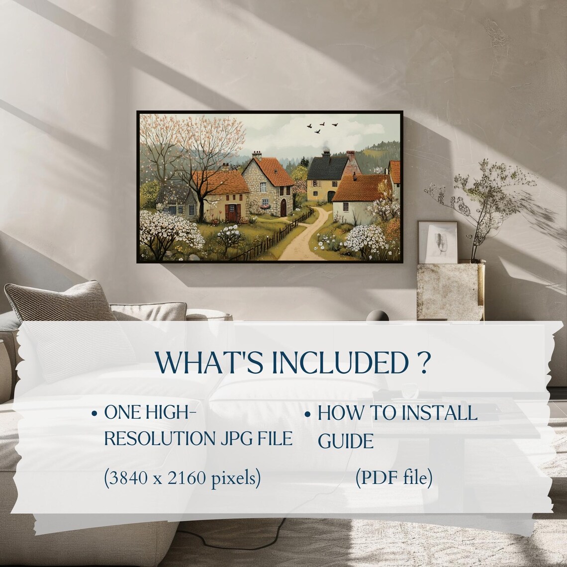 Rural Spring Village Stone Cottages Blossoming Trees Frame TV Art Poster - Image 2