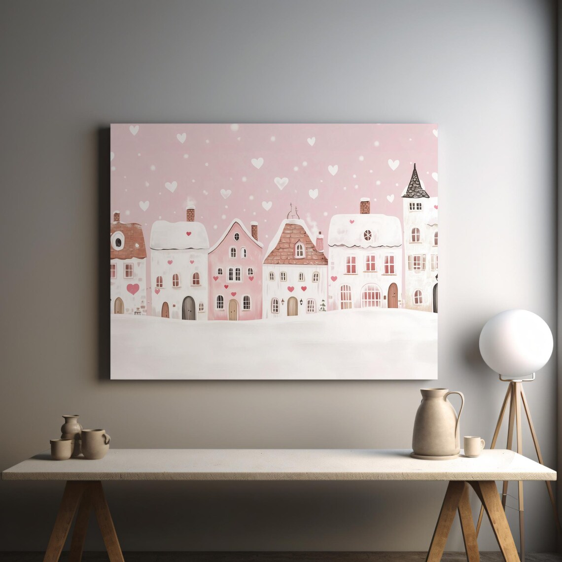 Pink Valentine Village Art, Valentine's Day Wall Art - Image 3