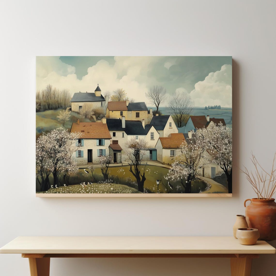 Retro Spring Village Landscape With Church Blooming Trees Poster - Image 5