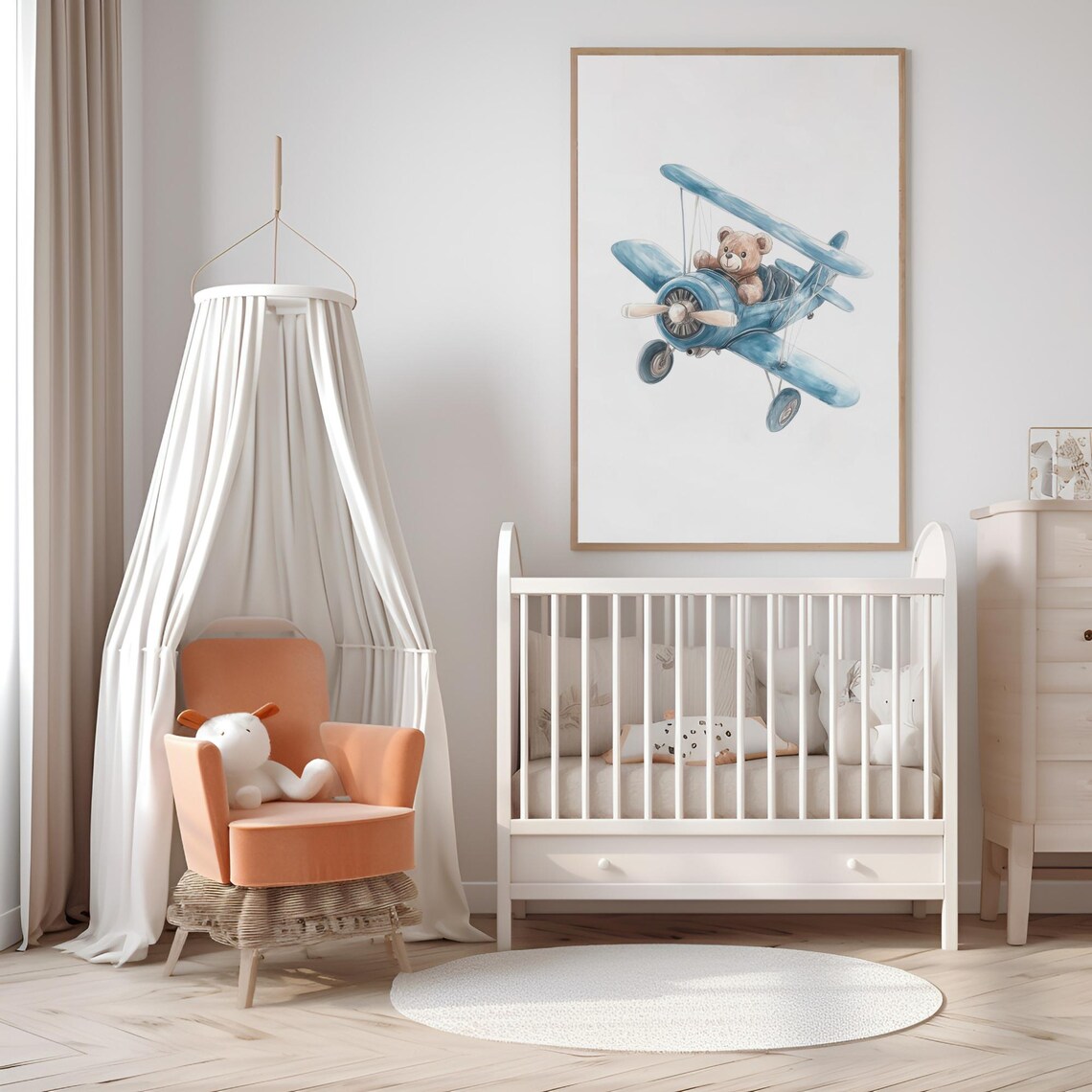 Teddy Bear Piloting Blue Biplane Watercolor Nursery Wall Art - Image 6