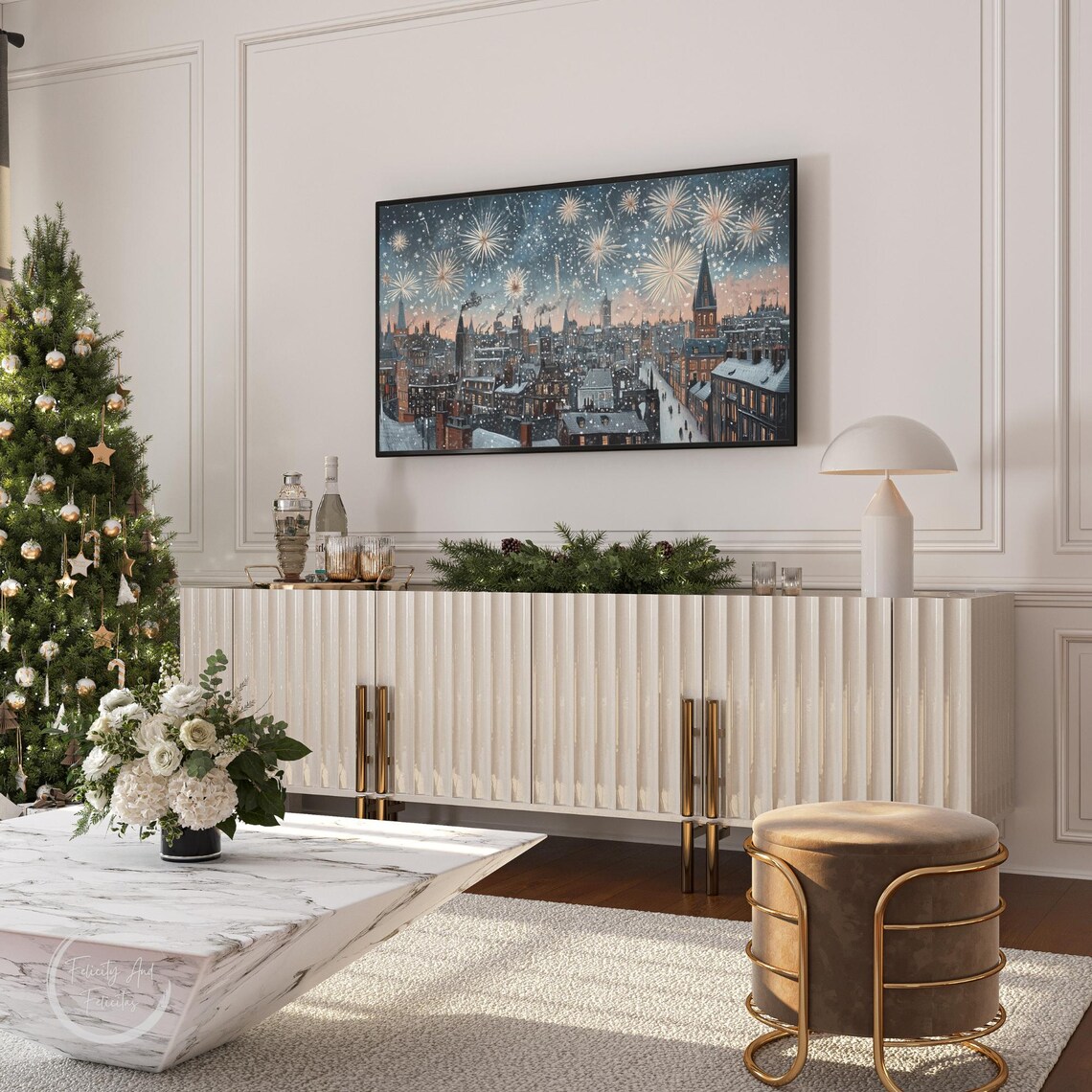 New Years Eve Vintage City Fireworks Snowy Night Rooftops Poster - Image 4
