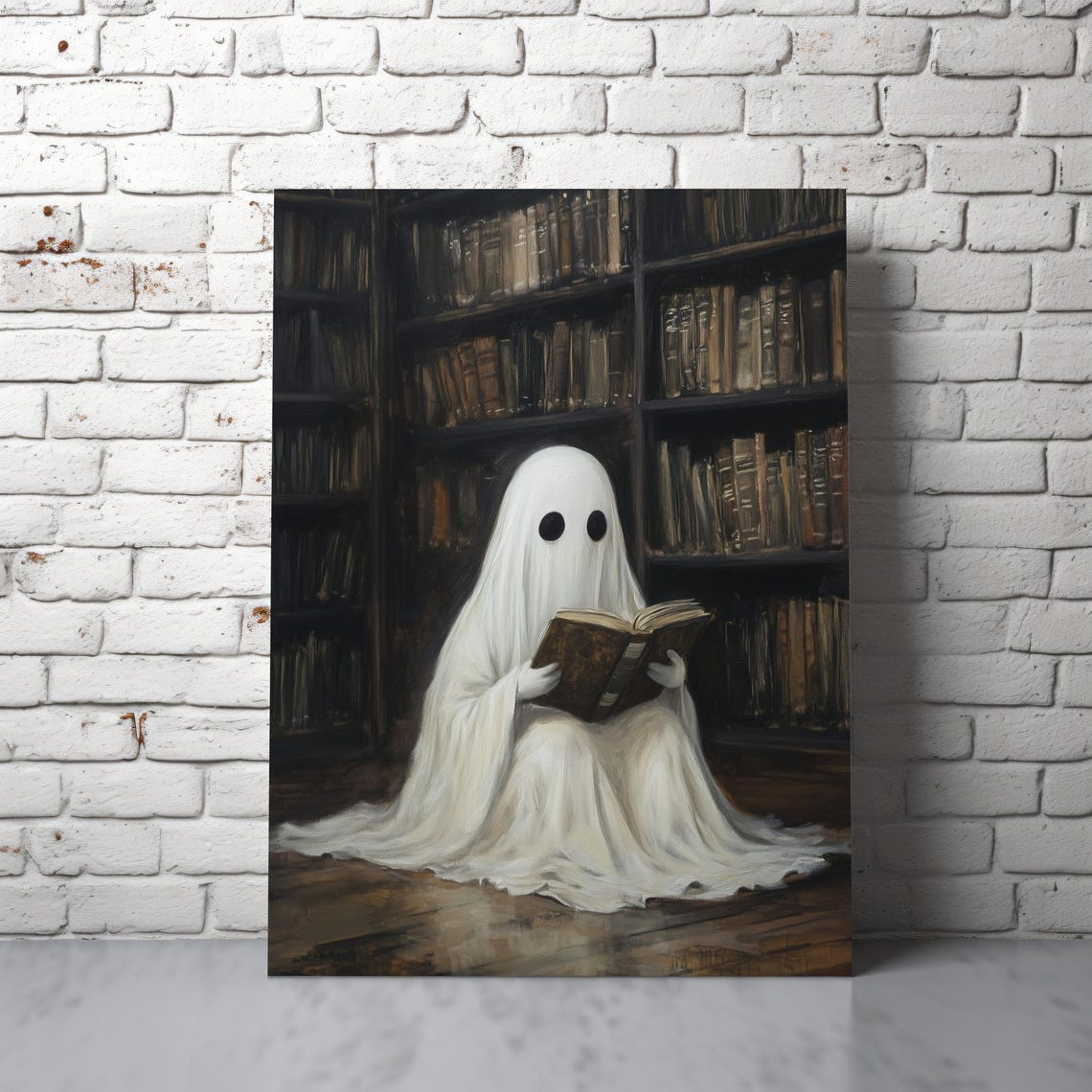 Cute Ghost Reading Book Dark Library Shelves Halloween Wall Art - Image 5