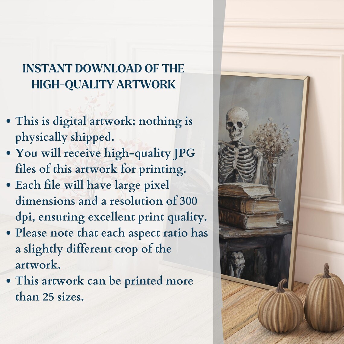 Skeleton Behind Stack of Old Books Candles Moody Dark Academia Art Poster - Image 3