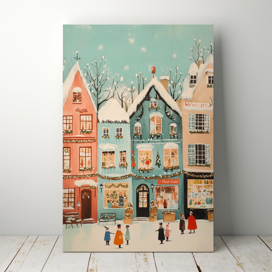 Charming Snowy Christmas Town Square Holiday Shops Folk Art Poster - Image 5