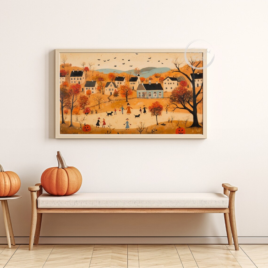 Folk Art Halloween Village Orange Autumn Trick Or Treat Poster - Image 5