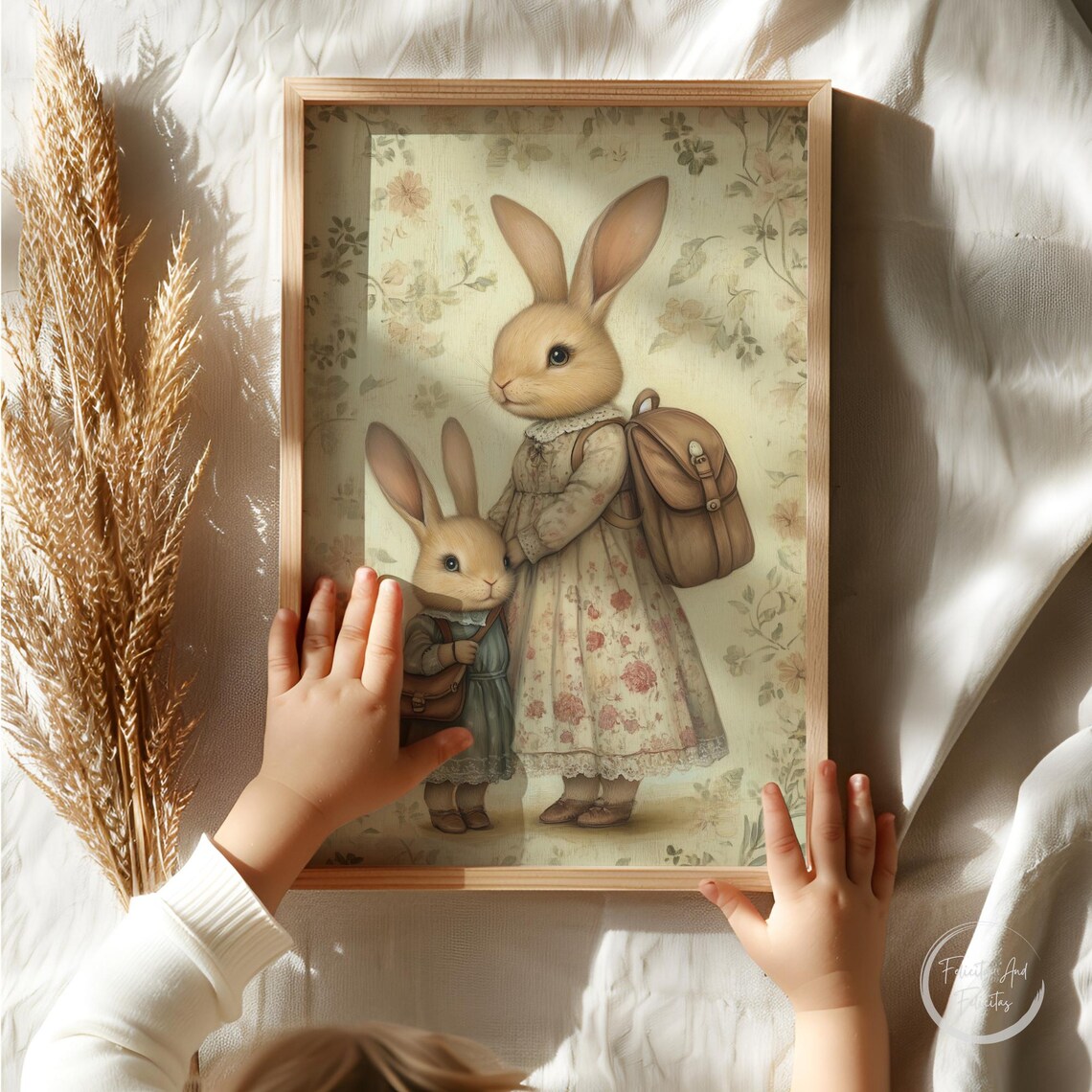 Mother and Child Bunny with Satchels Vintage Floral Nursery Wall Art - Image 4