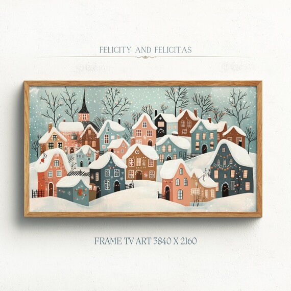 Cute Pastel Winter Village Illustration Snowy Town Scene Poster