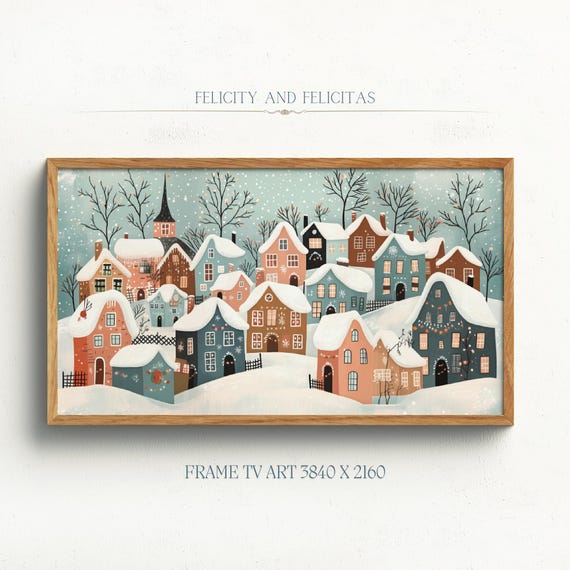 Frame Tv Art Winter Village Painting Cute Winter Tv Decor Winter Landscape Artwork For Tv
