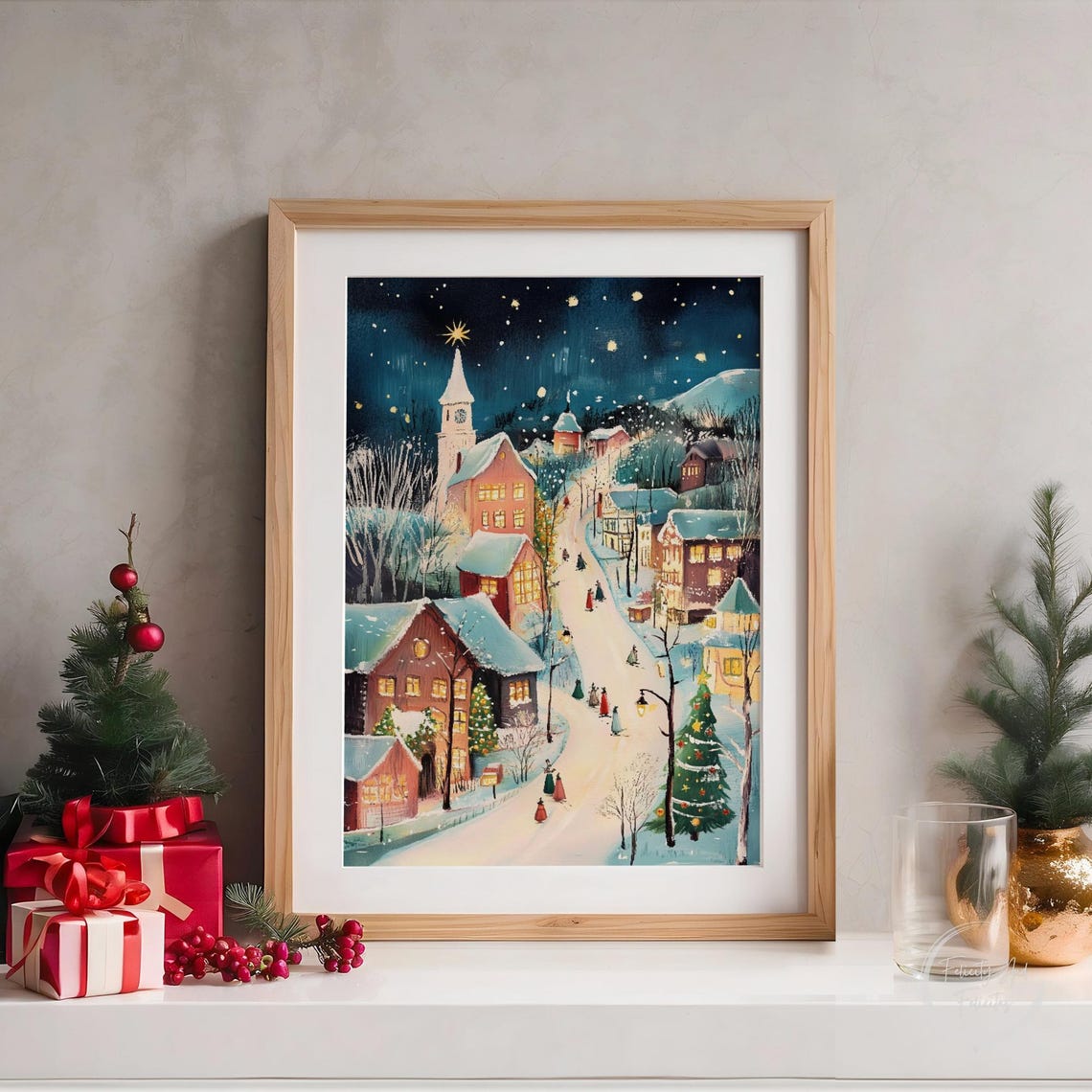 Christmas Evening Wall Art Cute Village Christmas Decor Hello December Print Winter Holiday Decor - Image 4