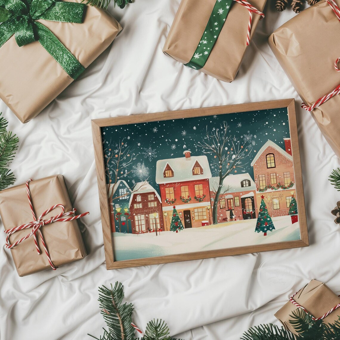 Christmas Evening Red Brick Houses Snow Roofs Street Art Poster - Image 6