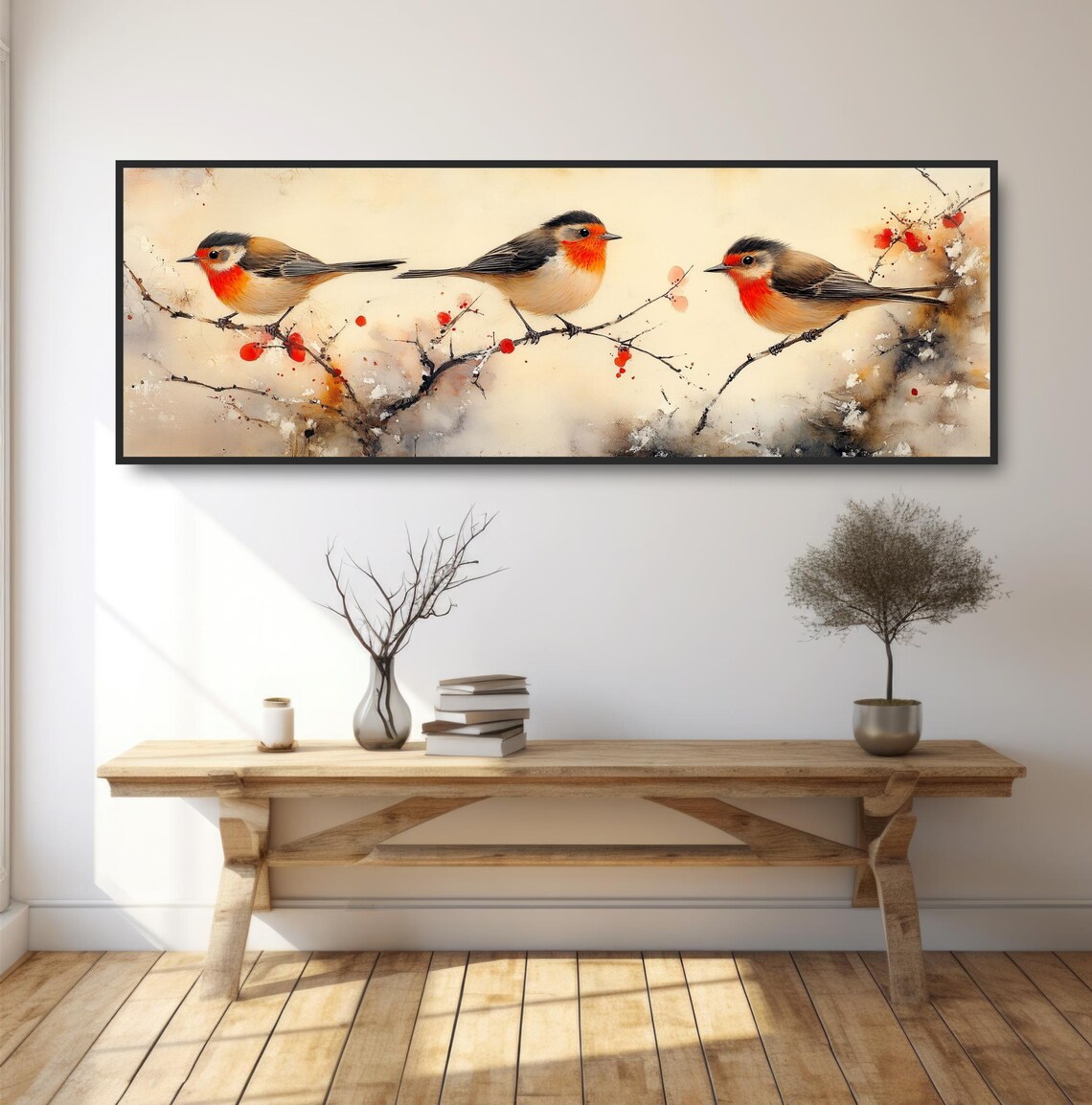 Three Songbirds On Branch Japanese Watercolor Red Breast Bird Poster - Image 2