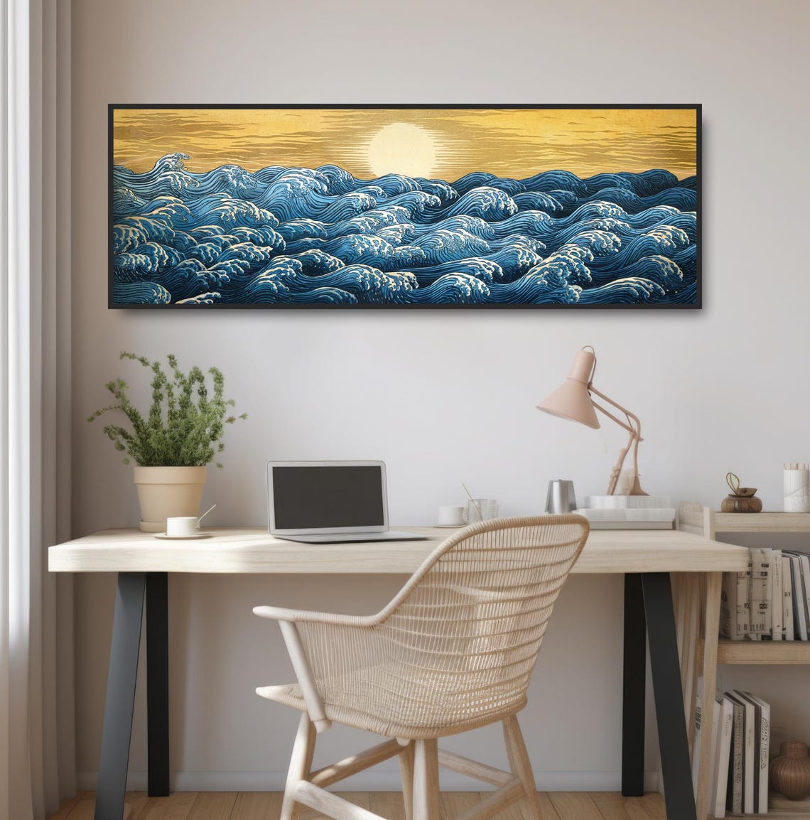 Golden Sun Rising Ocean Waves Japanese Ukiyo E Blue Seascape Poster - Image 2