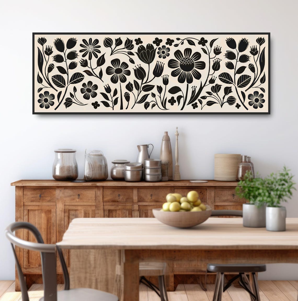 Black Beige Daisy Tulip Pattern Folk Botanical Minimalist Print - Image 3