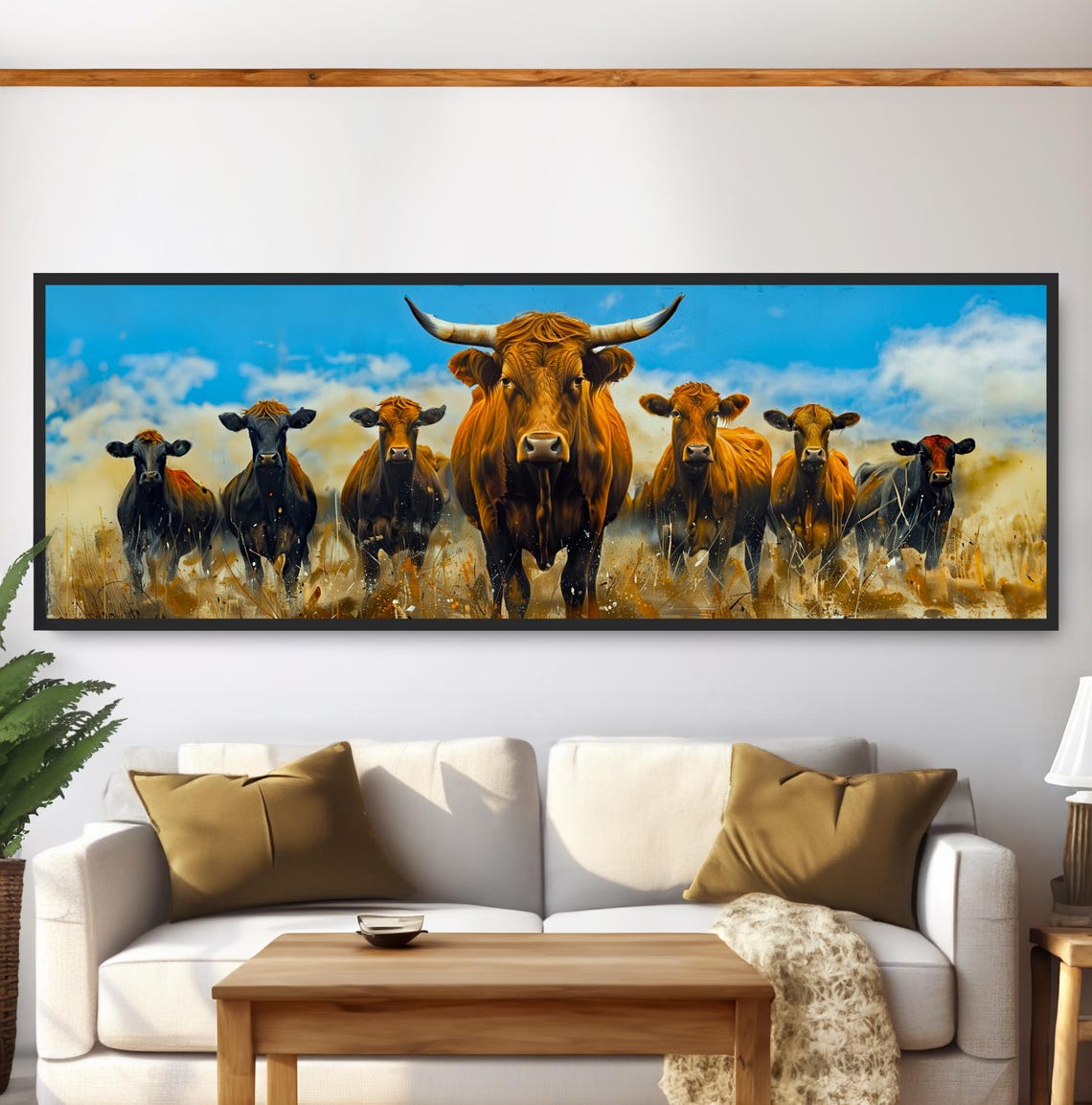 Brown Cattle Herd Blue Sky Panoramic Rustic Western Farmhouse Poster