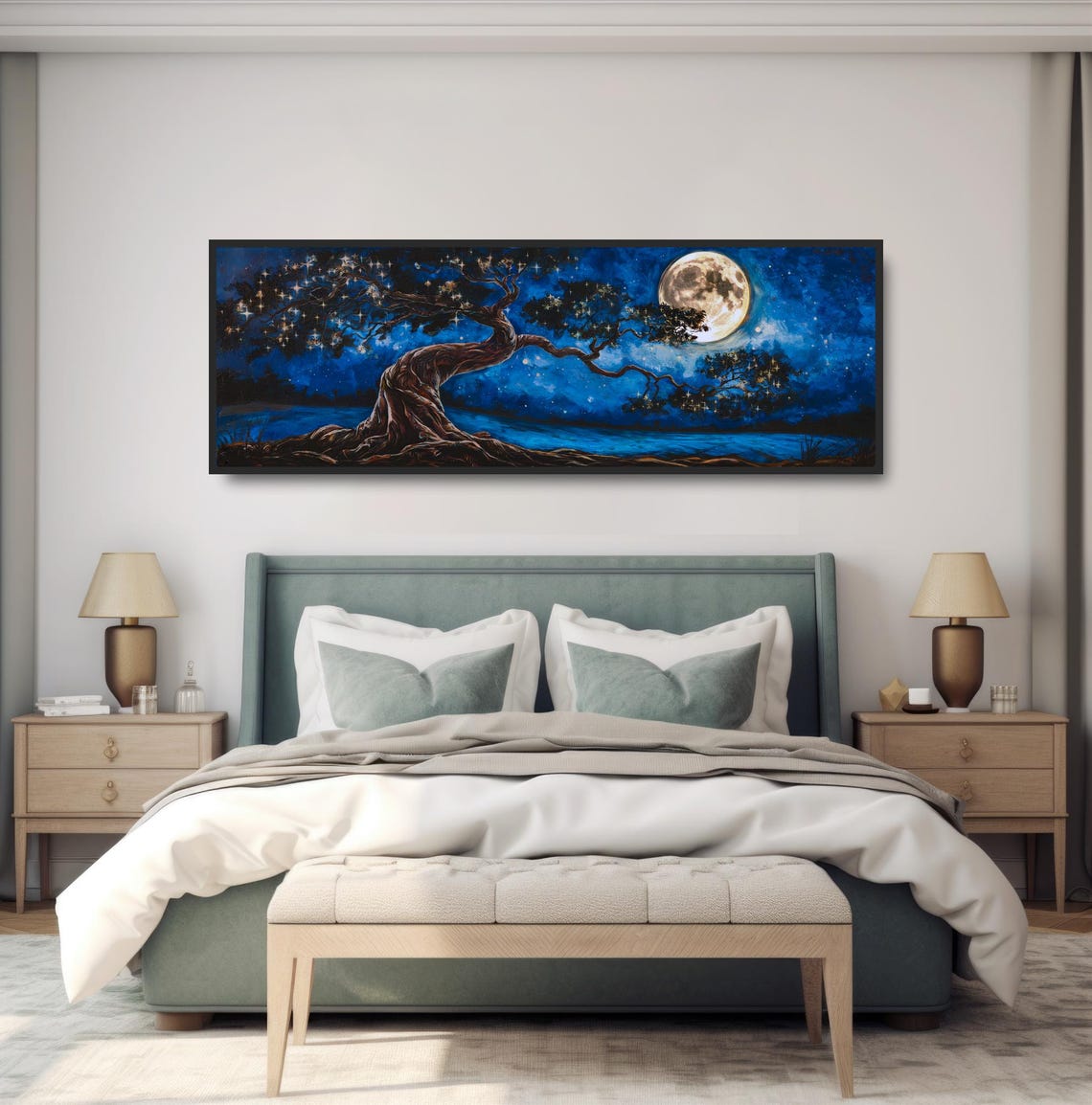 Twisted Tree Full Moon Night Painting Mystical Starry Sky Print - Image 4