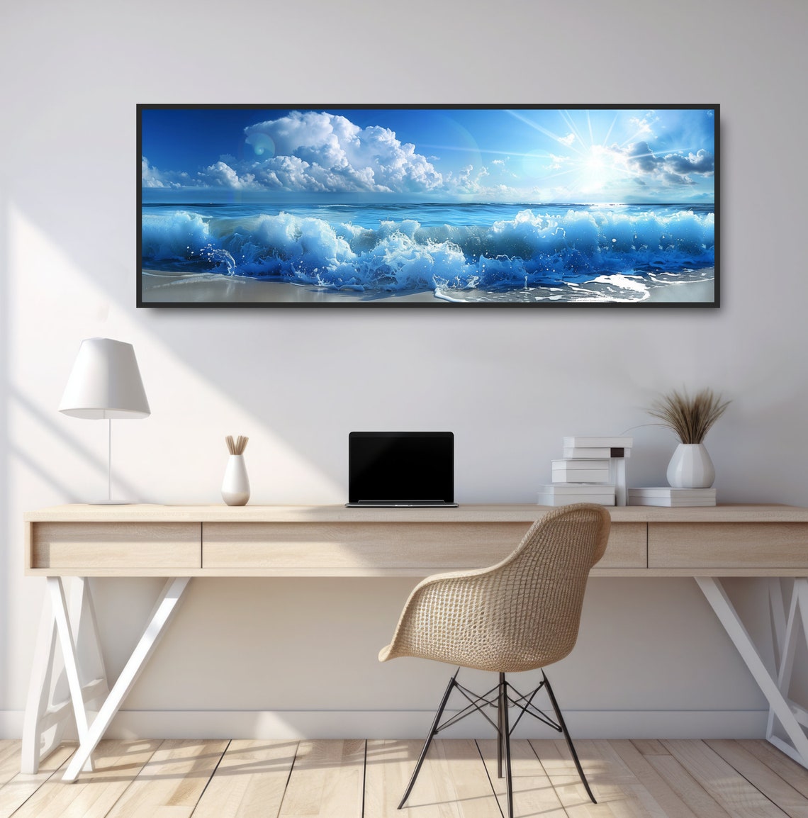 Crashing Blue Ocean Waves Bright Sun Clouds Seashore Wall Poster - Image 3
