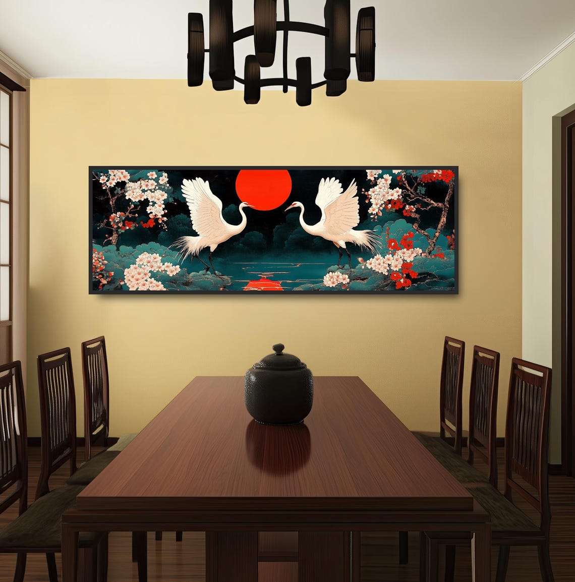 Two Japanese Cranes Rising Red Sun Cherry Blossom Lake Wall Print - Image 2