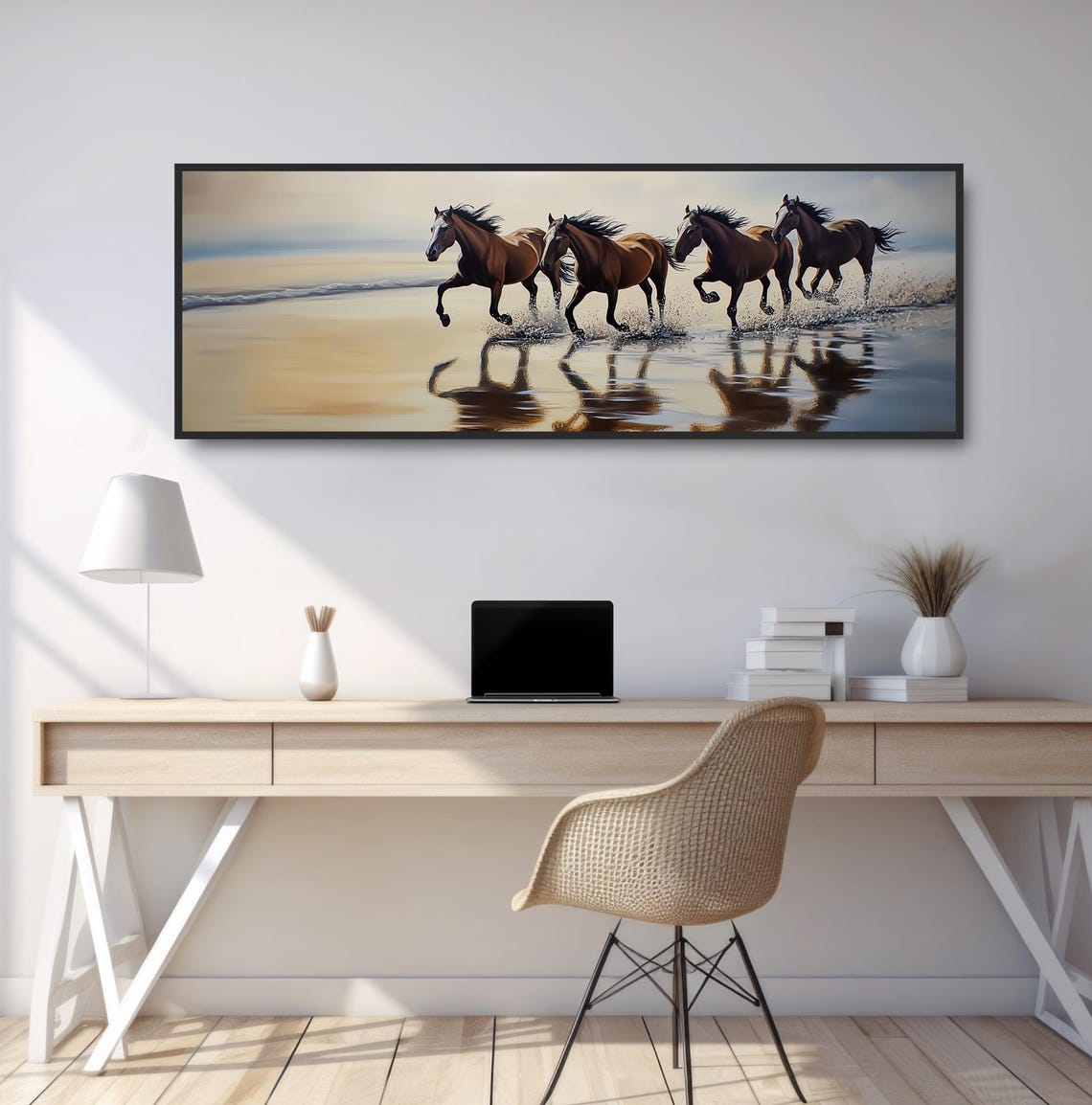 Galloping Horses Beach Golden Light Shoreline Reflection Print - Image 2