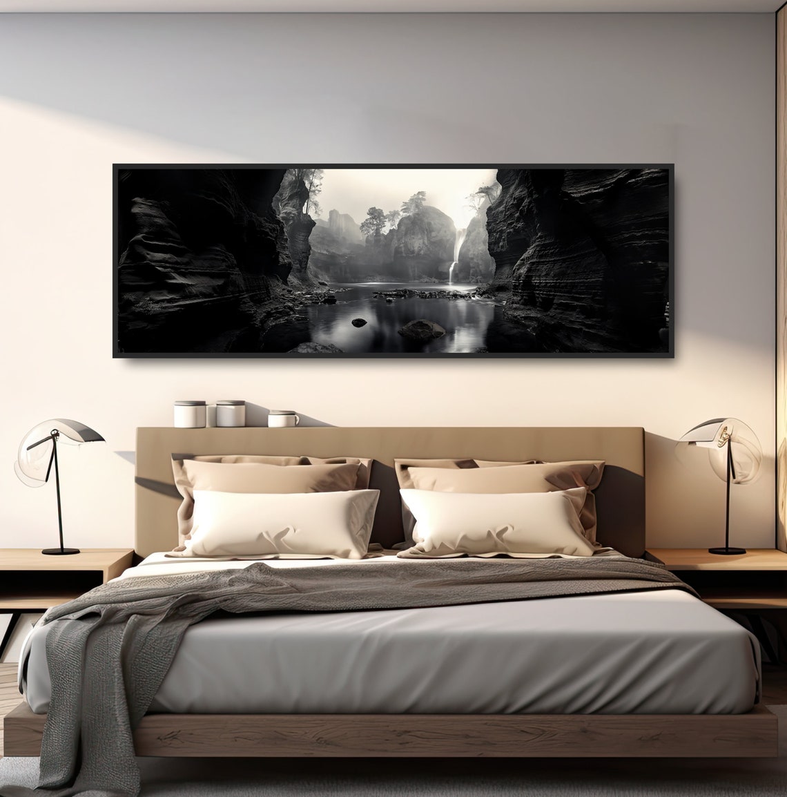 Dramatic Canyon Waterfall Black White Photograph Bold High Contrast Panoramic Landscape Wall Art National Park Nature Poster Or Canvas - Image 4