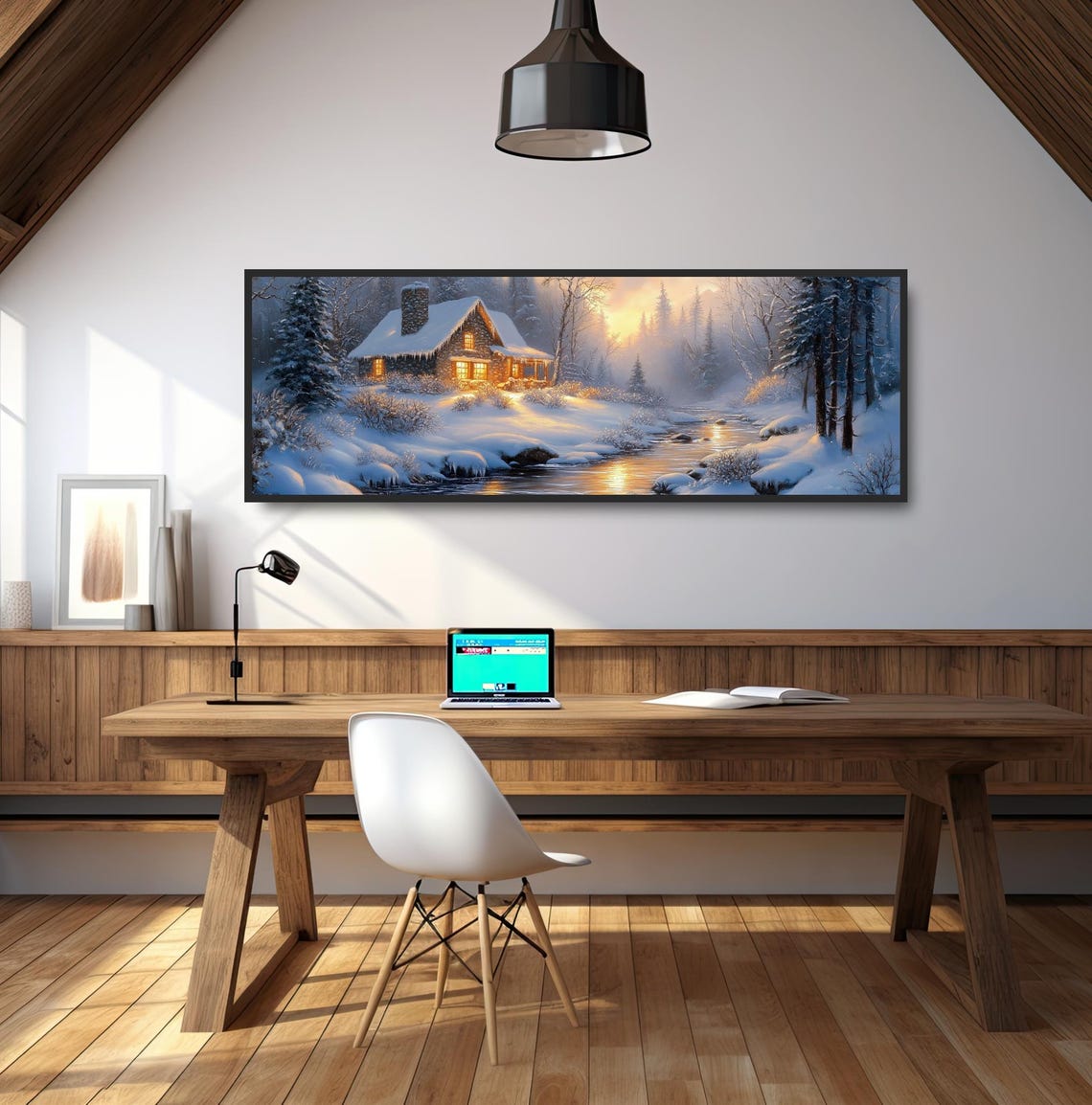 Glowing Winter Stone Cottage Snowy Forest River Landscape Poster - Image 2