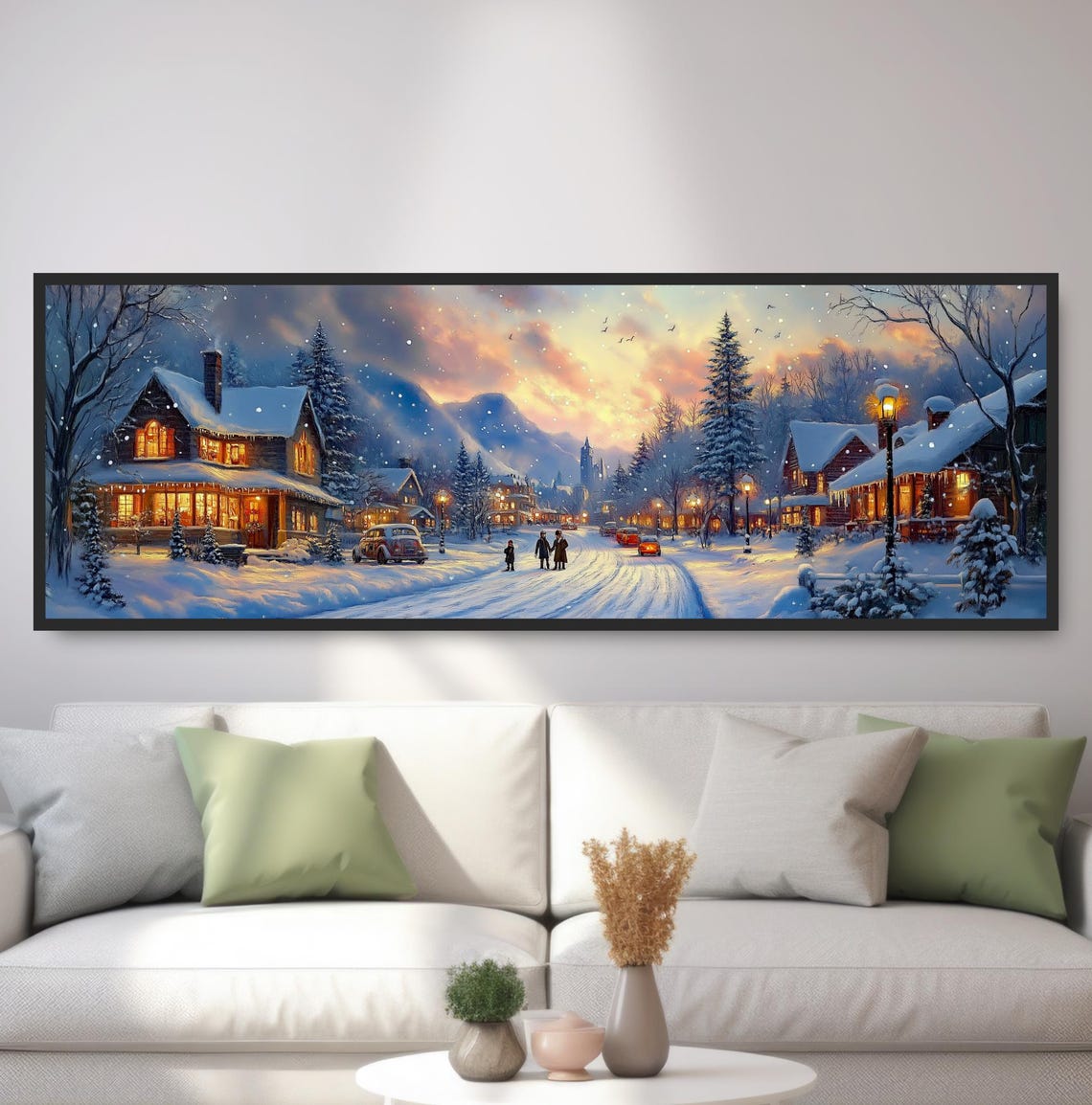Snowy Mountain Village Street At Dusk Warm Lights Winter Art Poster