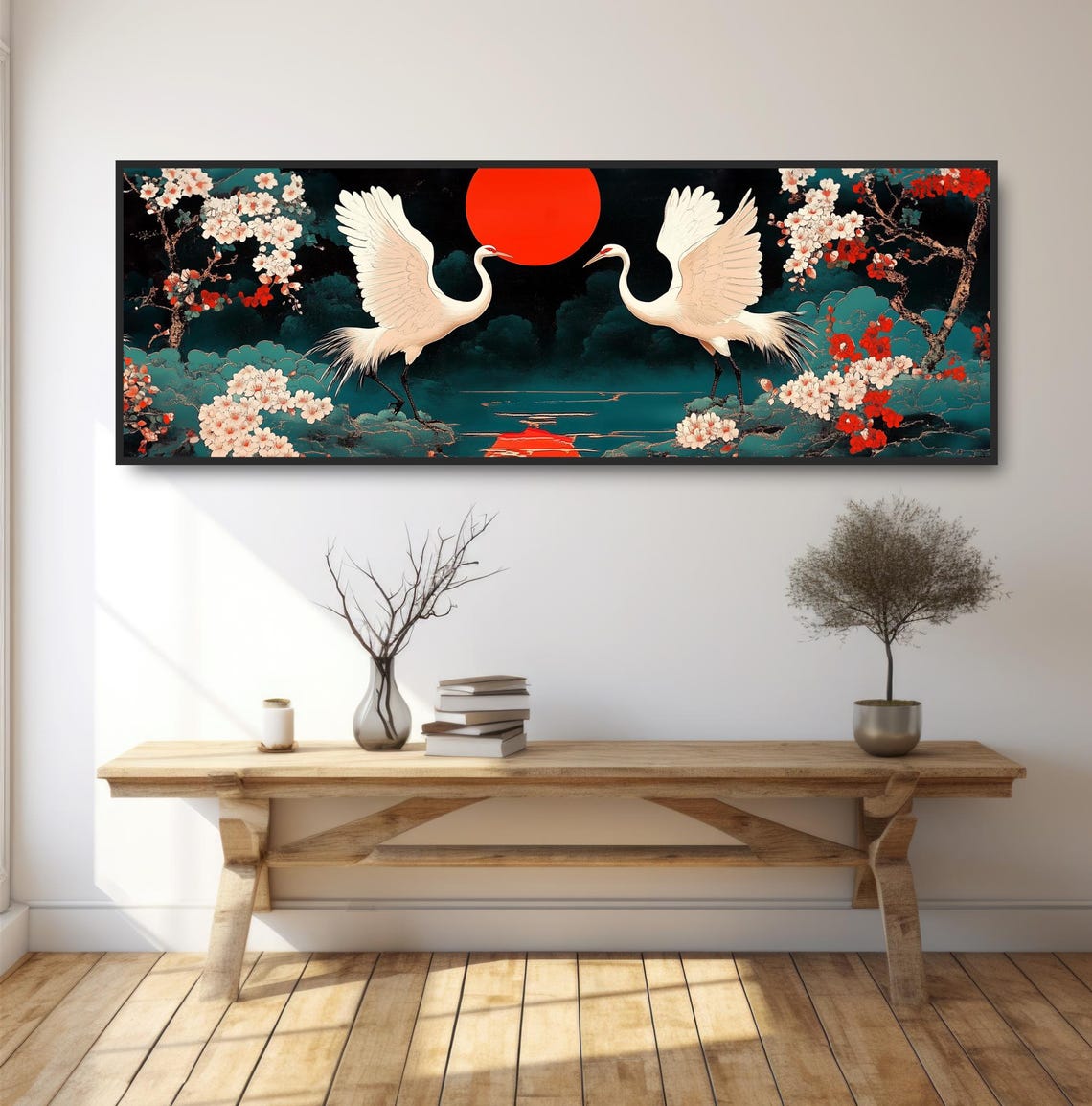 Two Japanese Cranes Rising Red Sun Cherry Blossom Lake Wall Print - Image 3