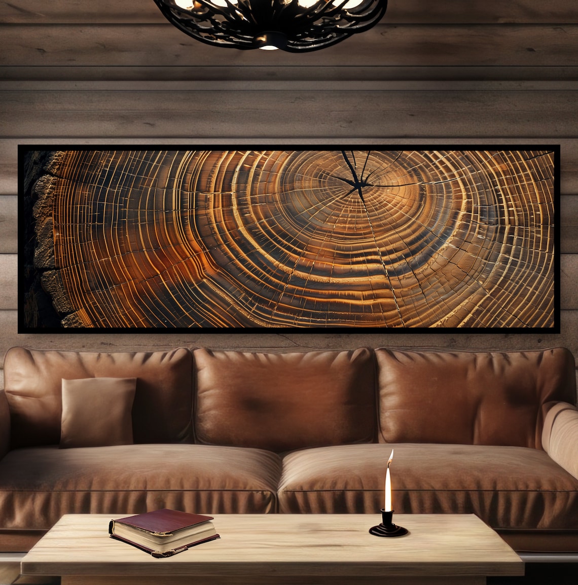Cut Tree Trunk Rings Panoramic Wall Art Print, Cabin Decor