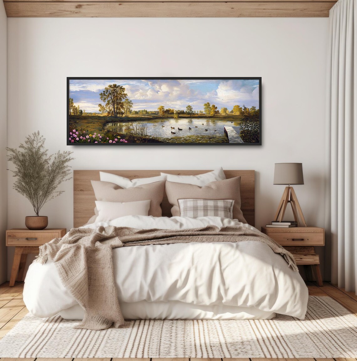 Duck Pond Morning Wooden Dock Panoramic Traditional Landscape Poster - Image 4