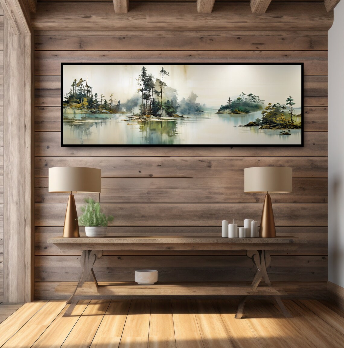 Misty Lake Islands Ink Wash Watercolor Panoramic Dreamy Pines Poster - Image 2