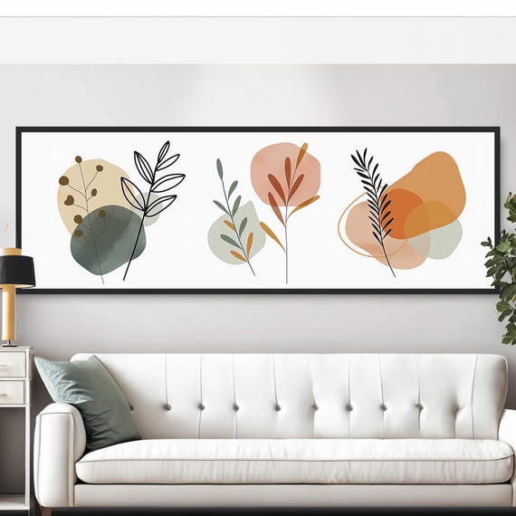 60s Midcentury Modern Nature Wall Art Abstract Geometric Plant Painting Simple Pastel Leaves Boho Decor Green Orange Beige Neutral Colors