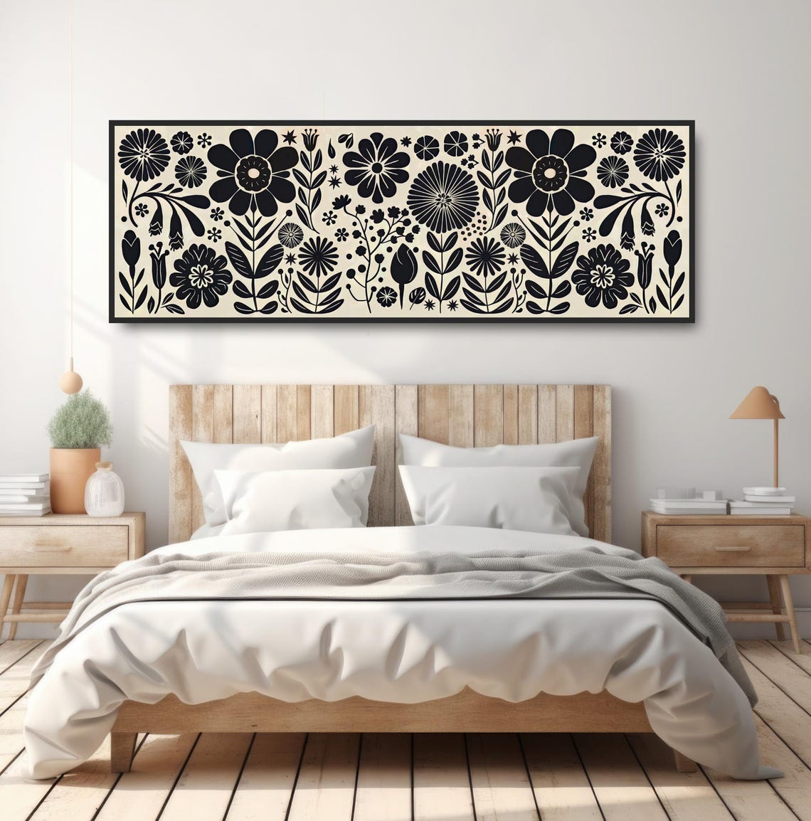 Minimalist Black Beige Floral Pattern Panoramic Boho Botanical Print - Image 4