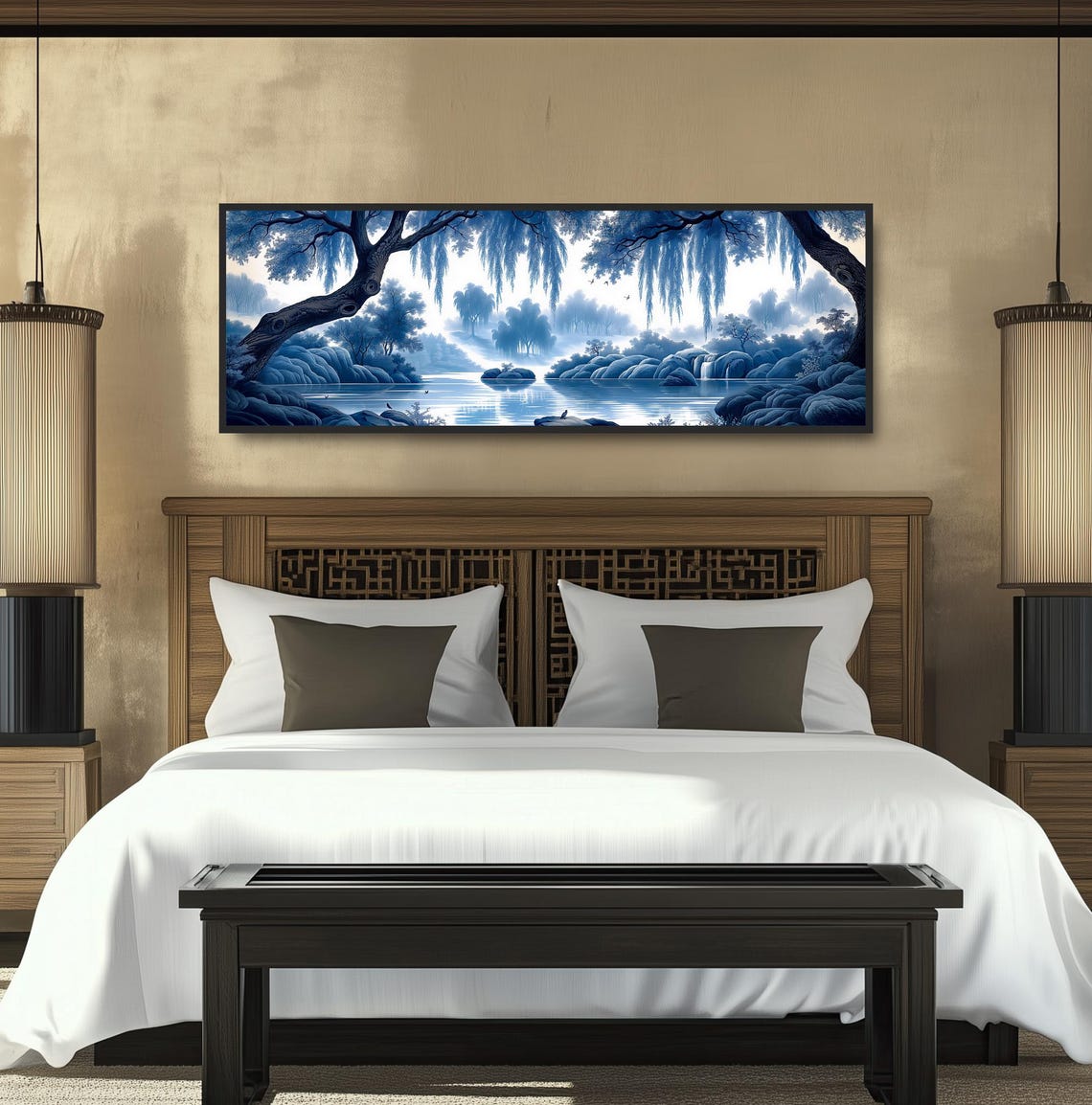 Blue Willow River Chinoiserie Painting Tranquil Toile Lake Print - Image 4