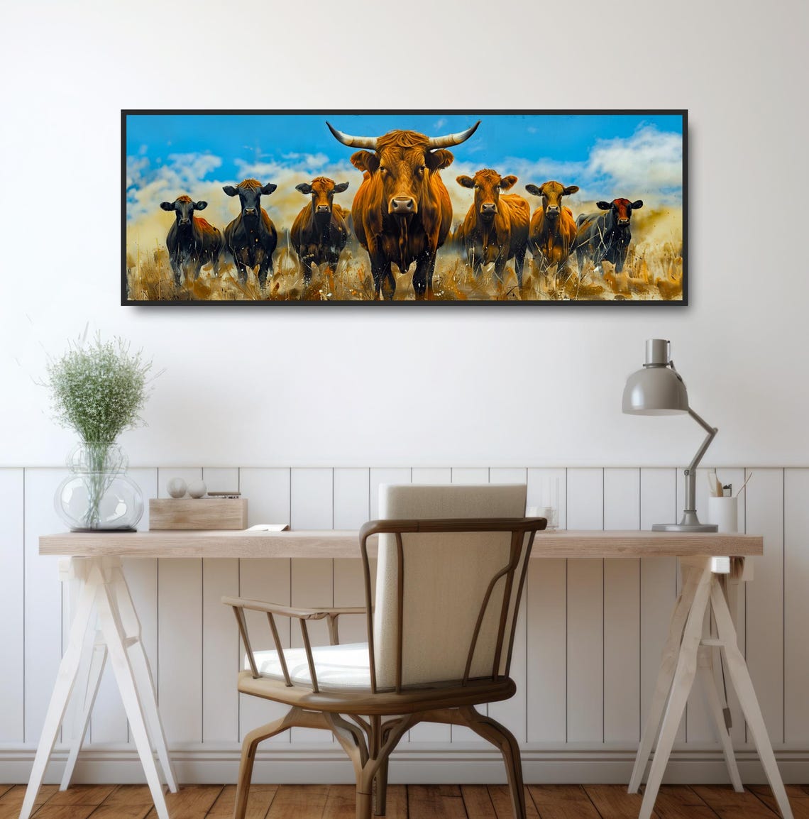 Brown Cattle Herd Blue Sky Panoramic Rustic Western Farmhouse Poster - Image 2