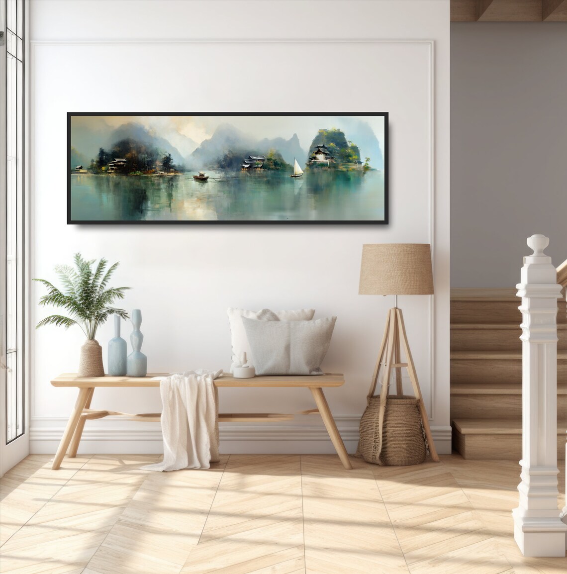 Boats on an Asian Lake, Mountain Island Homes Art Print - Image 2