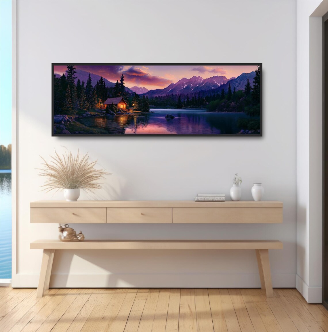 Lakeside Cabin Sunset, Mountain Lodge Wall Art Print - Image 2