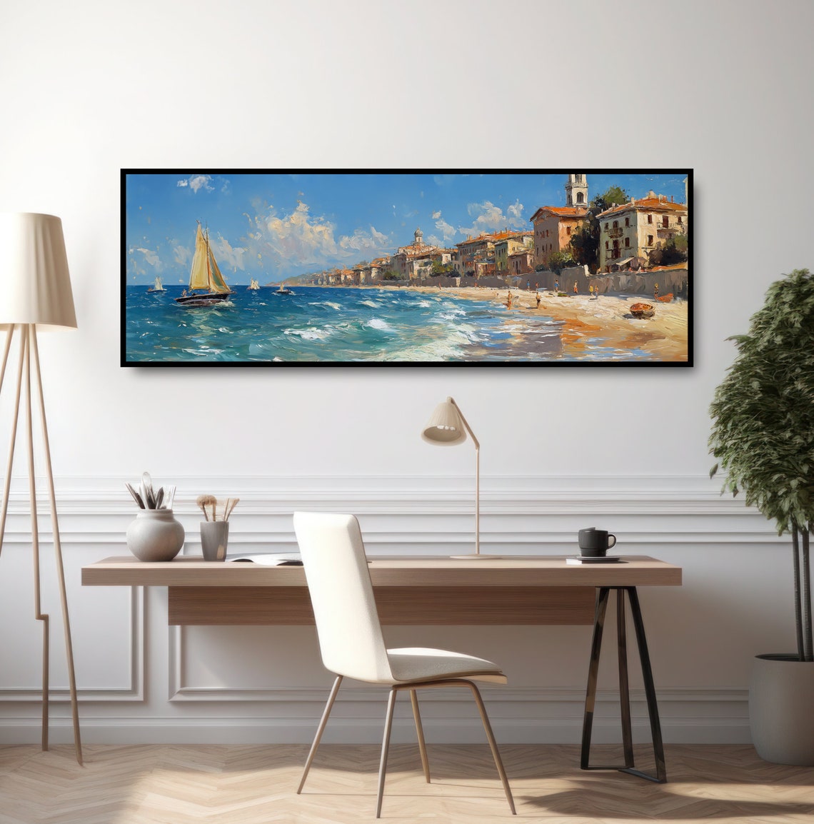 Seaside Village Sailboats Oil Painting Print Vintage Sailing Boats Wall Art Mediterranean French Riviera Seascape Blue Coastal Ocean Beach - Image 2