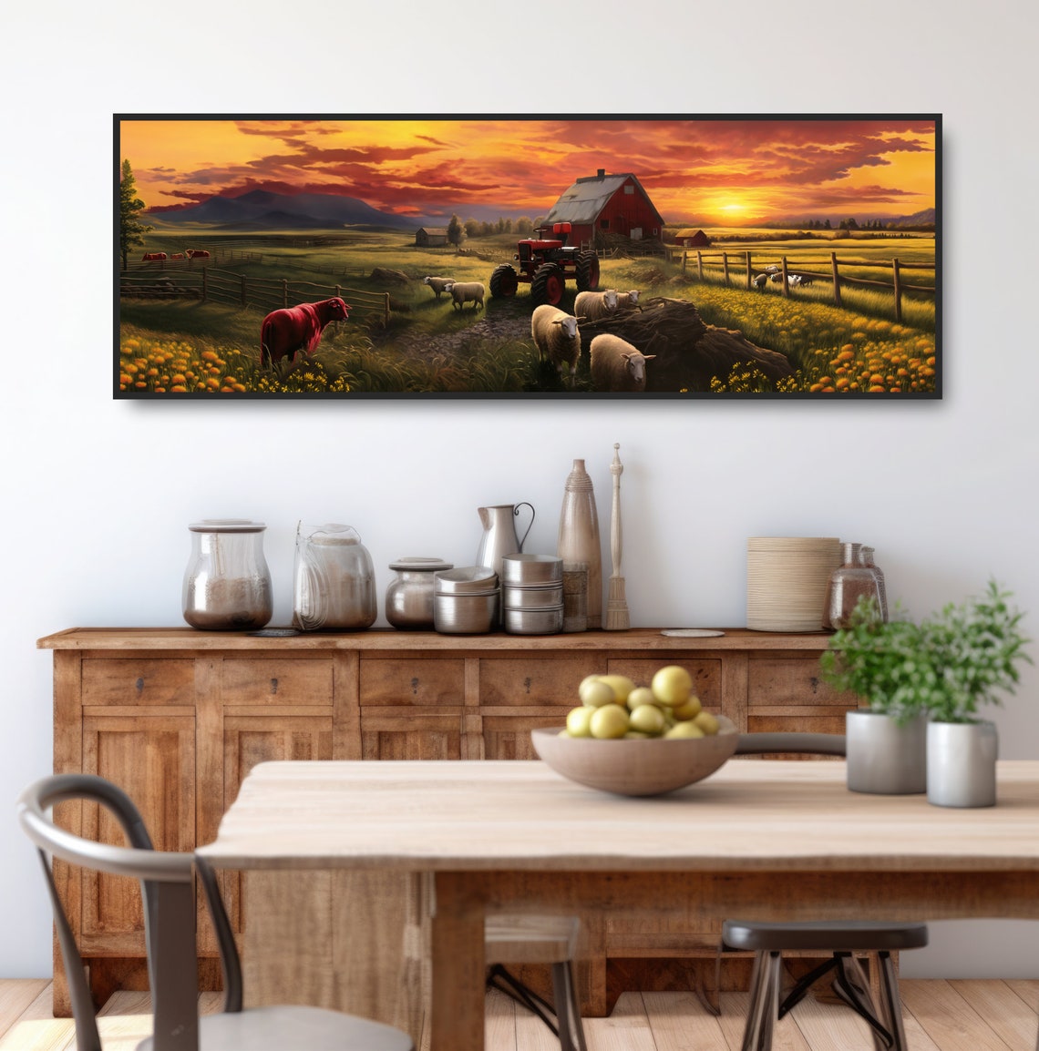 Sheep Farm at Sunset Red Barn Tractor Panoramic Countryside Wall Art - Image 4