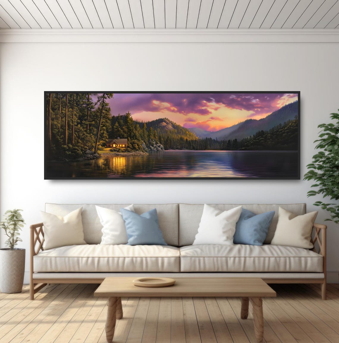 Rustic Lake Home Glowing Cabin Sunset Panoramic Purple Clouds Poster - Image 5