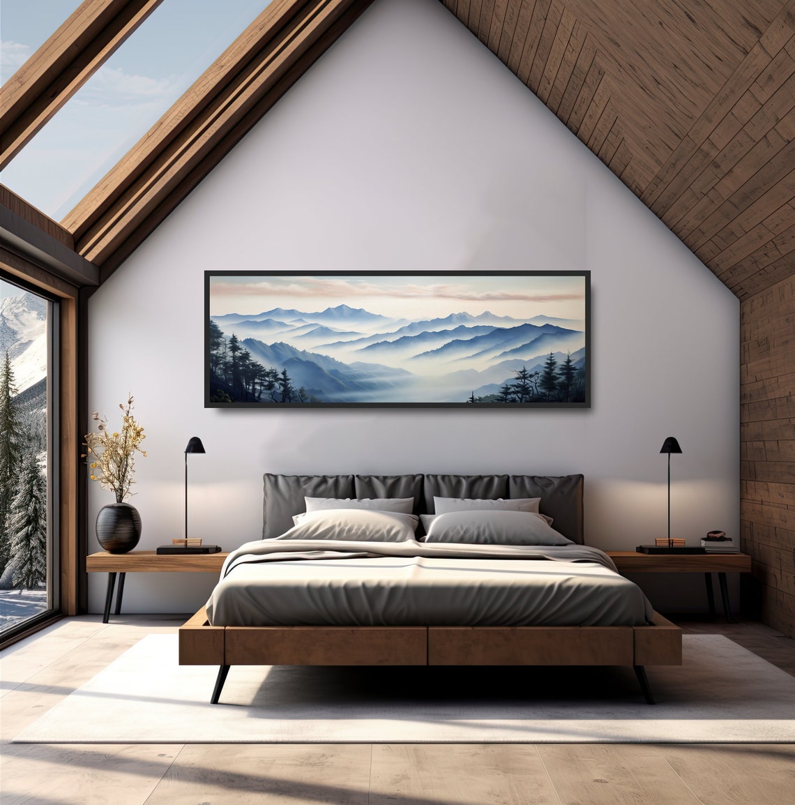 Misty Blue Mountain Layers Panoramic Watercolor Landscape Poster - Image 5
