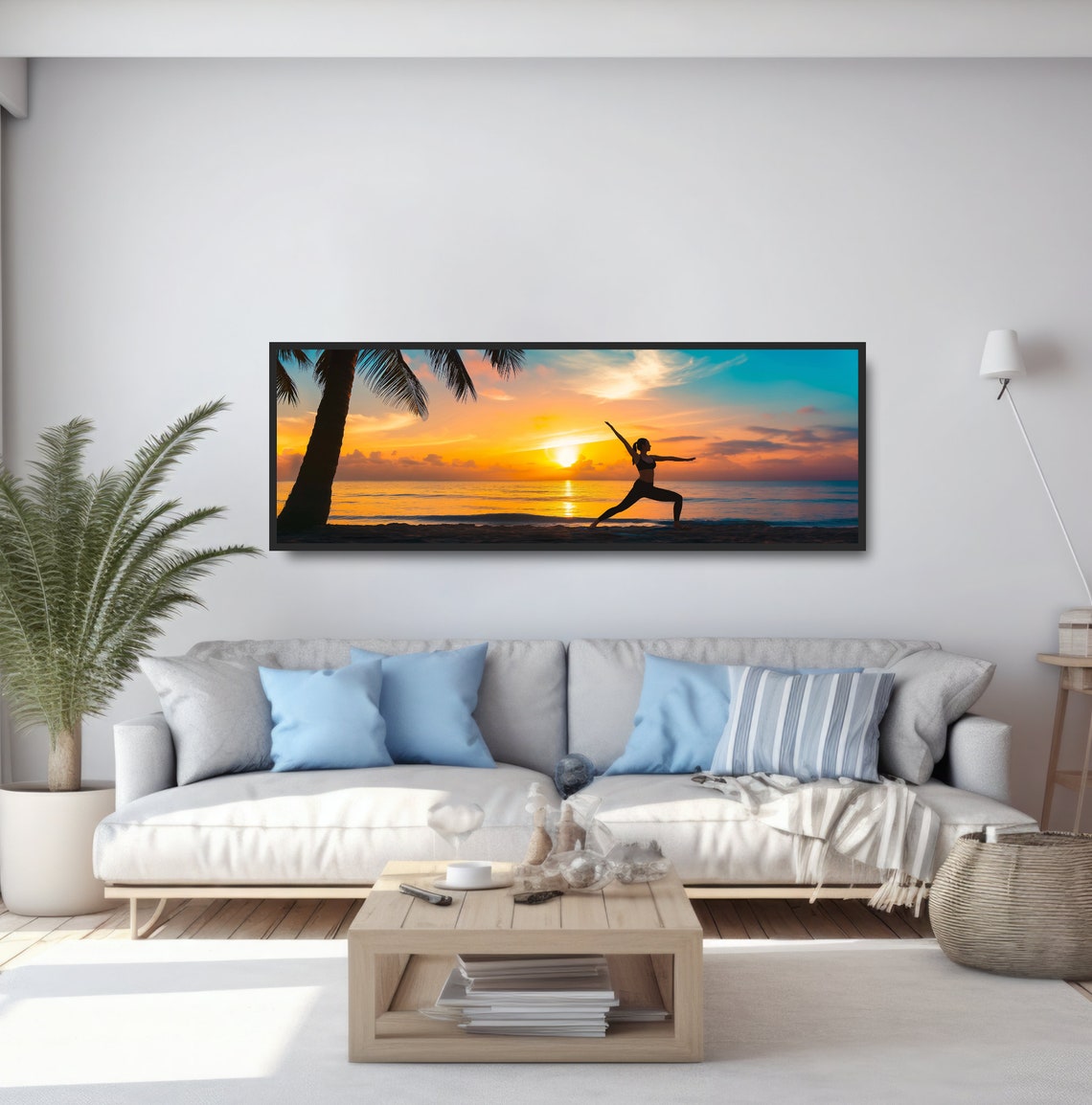 Golden Sunset Beach Yoga Warrior Pose Palm Tree Silhouette Poster - Image 5