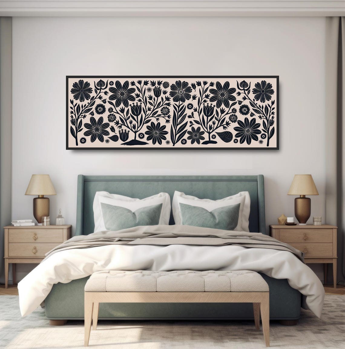 Black Beige Botanical Floral Pattern Minimalist Folk Home Decor Print - Image 4