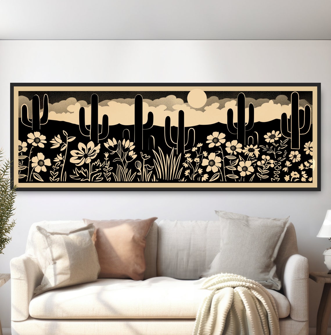 Desert Cactus Moon Silhouette Wildflower Minimalist Night Art Poster
