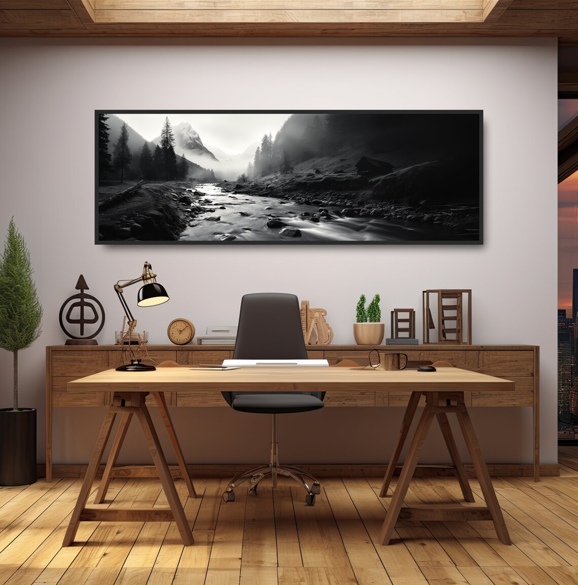 Bold Mountain River Black and White Landscape Print - Image 2