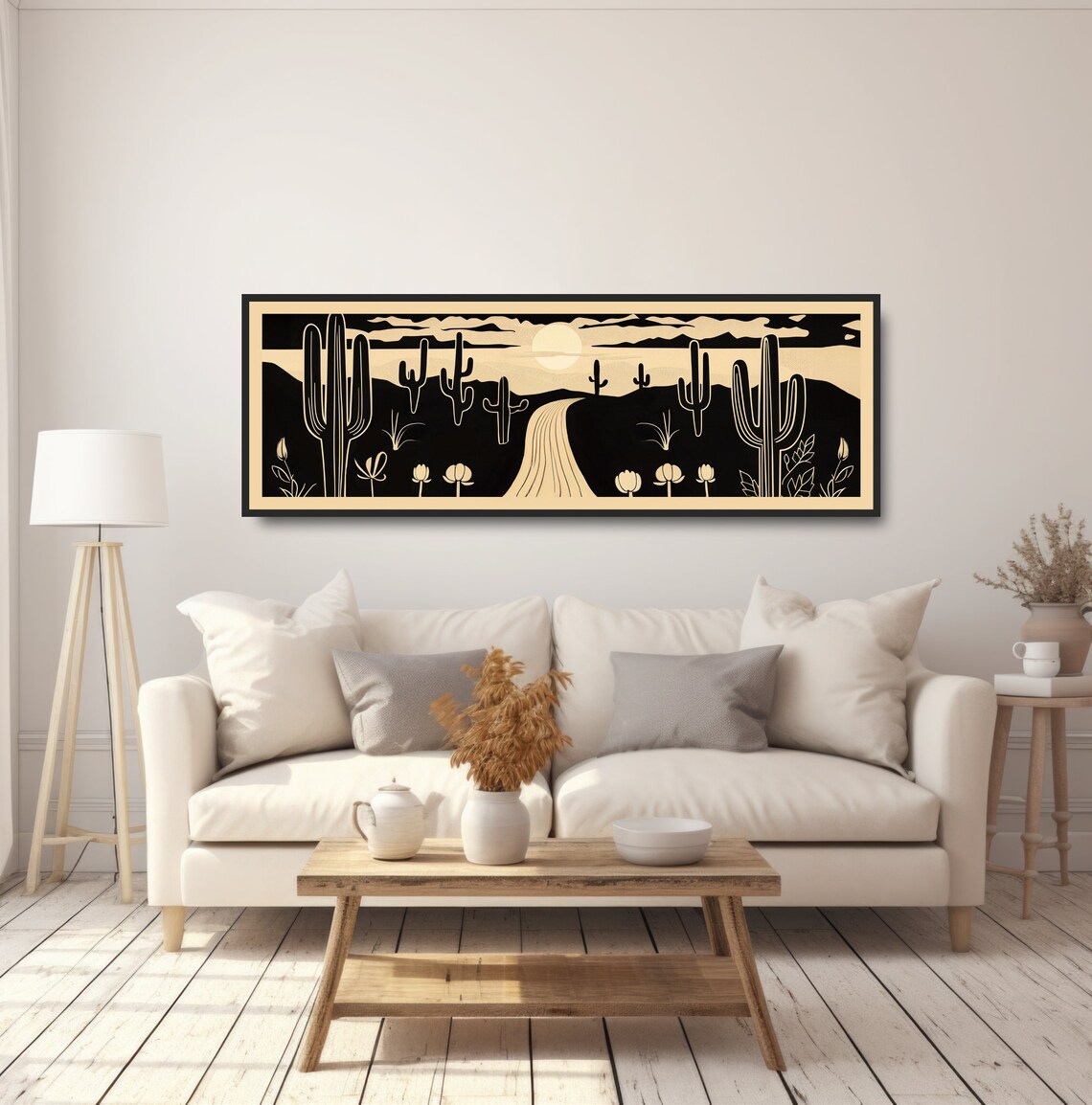 Winding Desert Road Saguaro Cactus Monochrome Woodcut Style Poster - Image 5