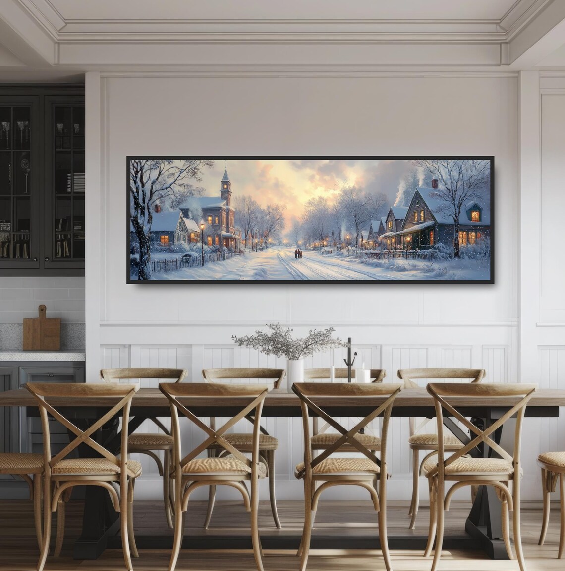 Snowy Winter Village Street Glowing Windows Cozy Christmas Art Poster - Image 3