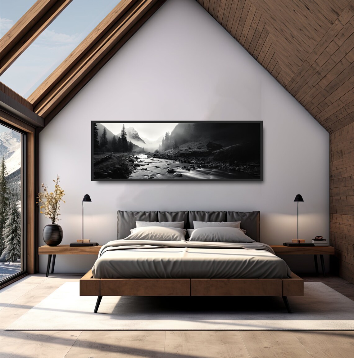 Bold Mountain River Black and White Landscape Print - Image 4