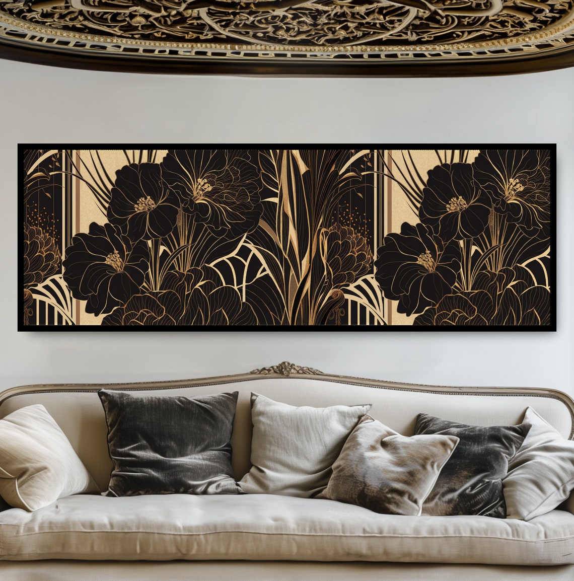 Art Deco Black Gold Floral Print Elegant Vintage Botanical Pattern