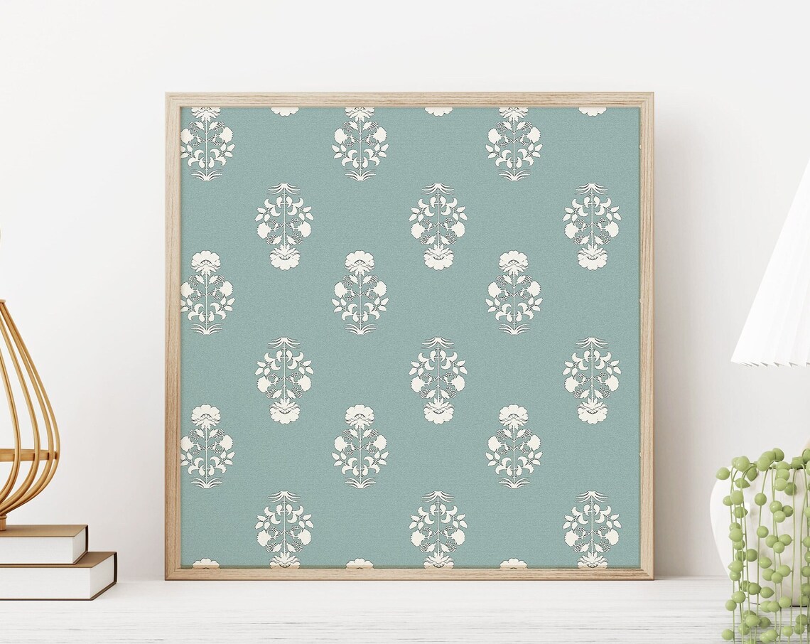 Sage Green and White Floral Block Motif Repeat Pattern Art Poster