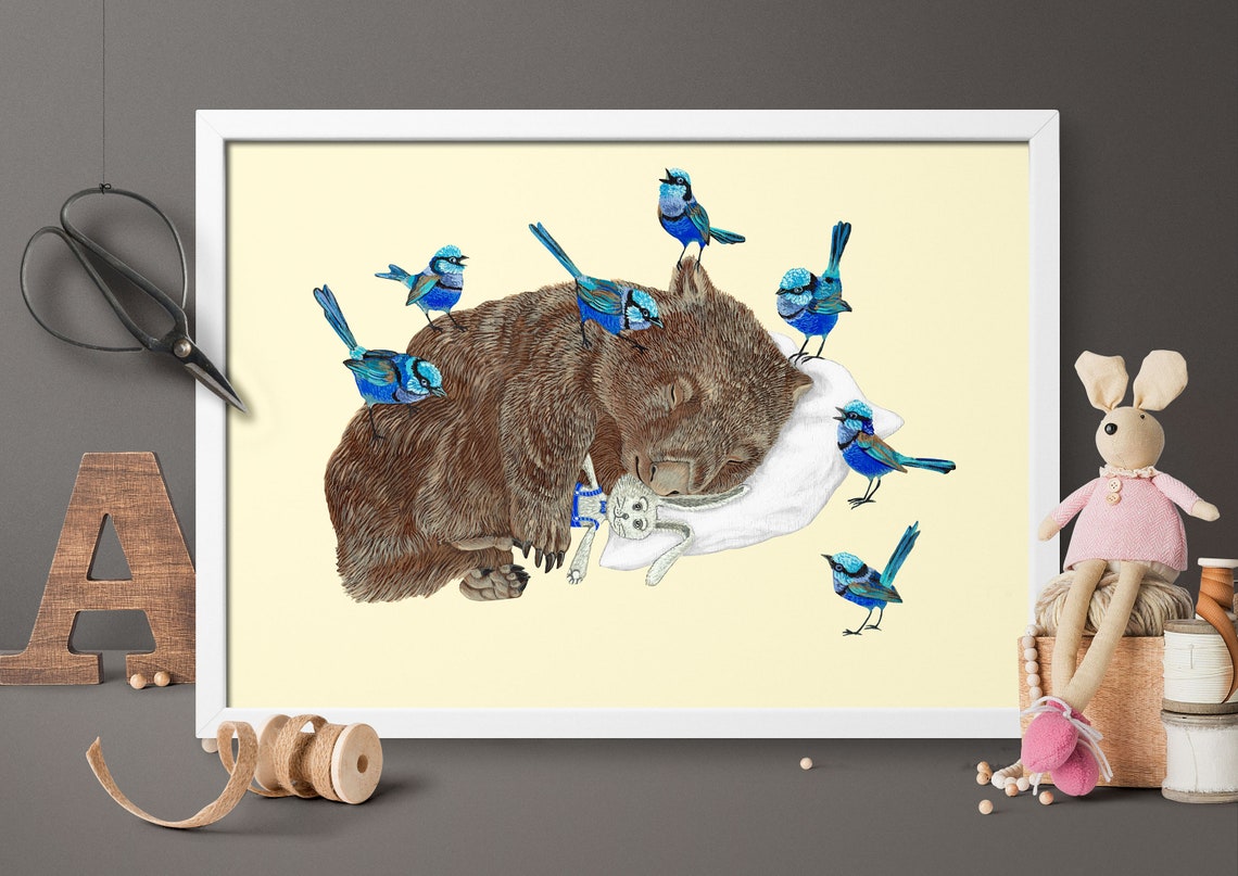 Sleeping Wombat Cuddling Pillow With Blue Wrens Cute Animal Poster